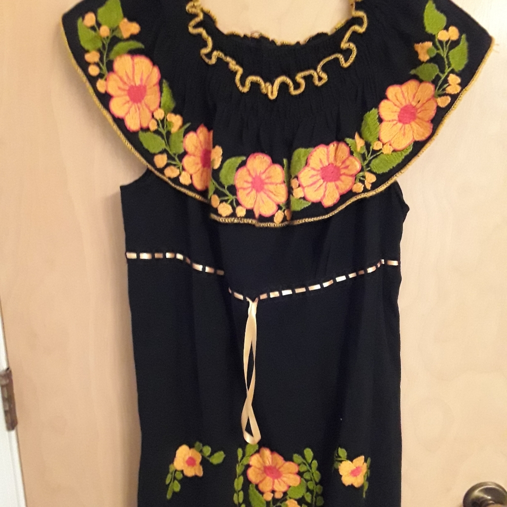 Black Boho Embroidred Yellow Floral Dress L XL